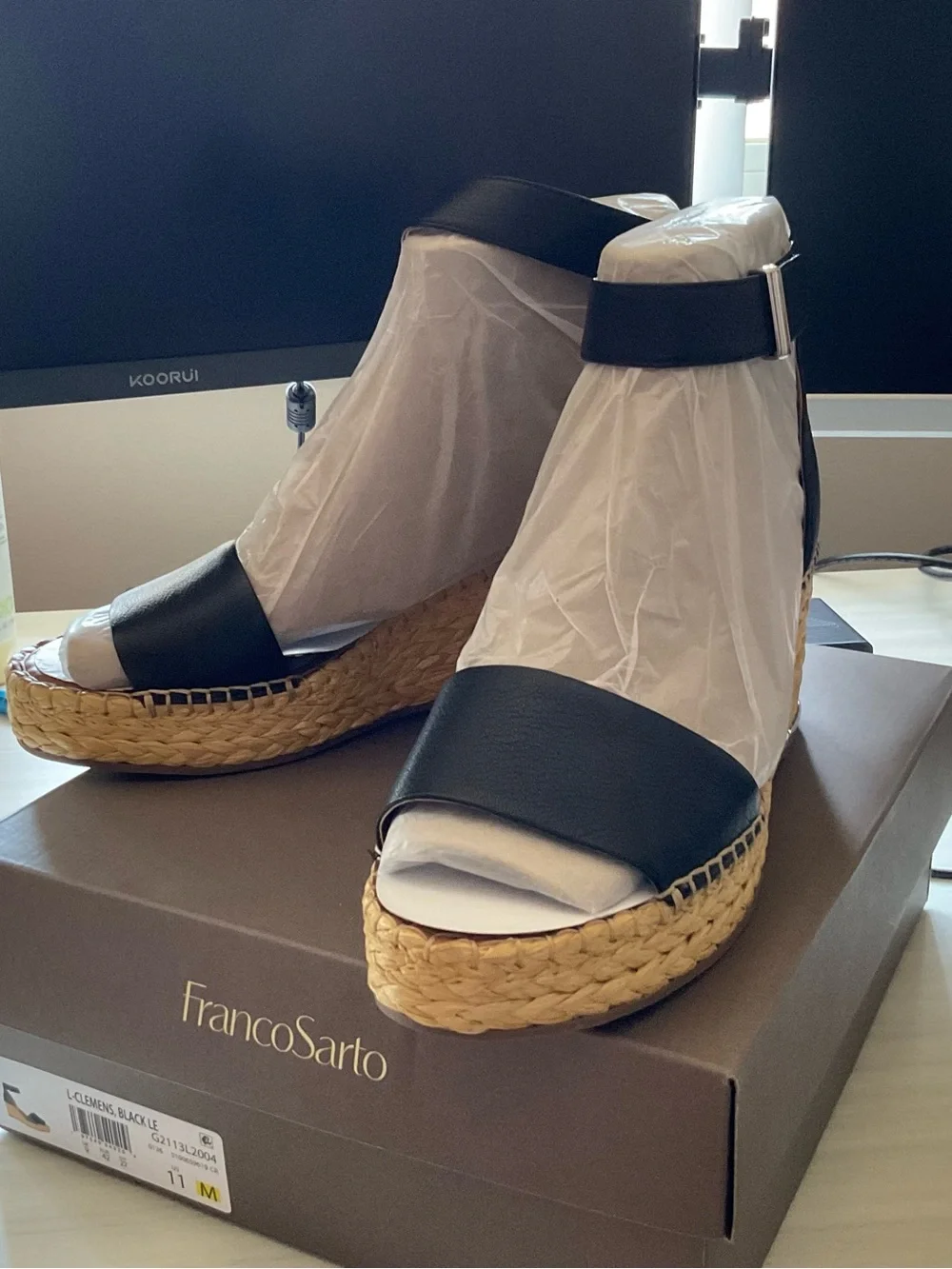 Franco Sarto Black Leather Espadrille Wedge Sandals with Ankle Strap